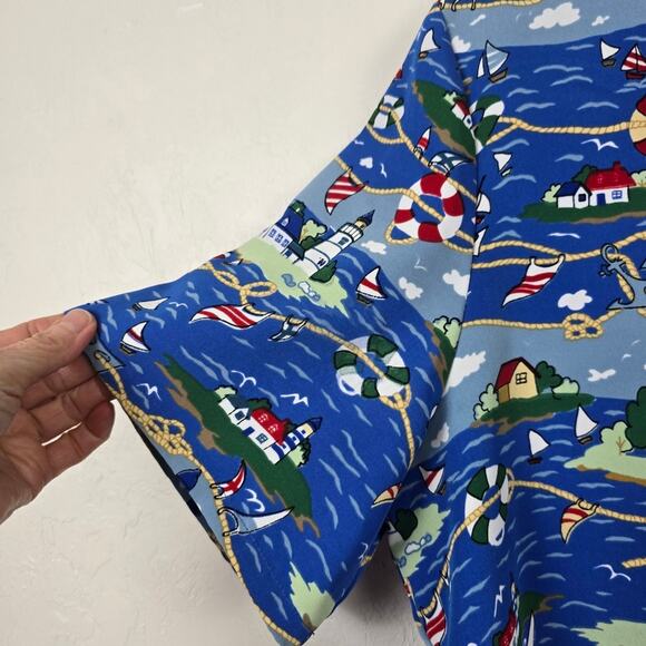 Bon Worth Vtg Nautical Blue Lighthouse Shirt Beachy Coastal Grandmother Aloha MP - Picture 11 of 12